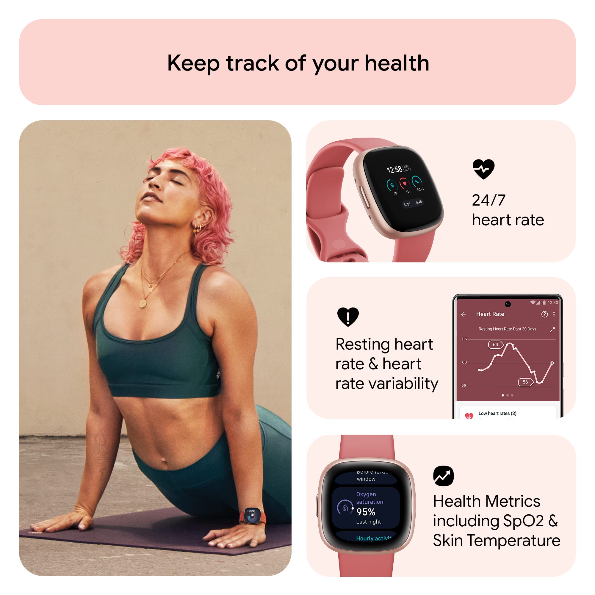 Fitbit Versa 4 Fitness Smartwatch ? Copper Rose Aluminum Case with Pink Sand Band ? FB523RGRW-US