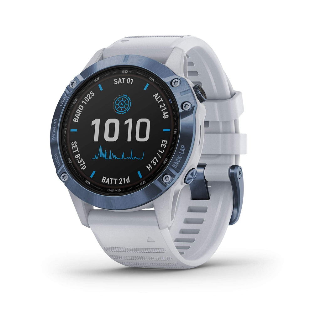Garmin Fenix 6 Pro Solar ? 47mm Titanium ? Mineral Blue Case with Whitestone Band ? 010-02410-18