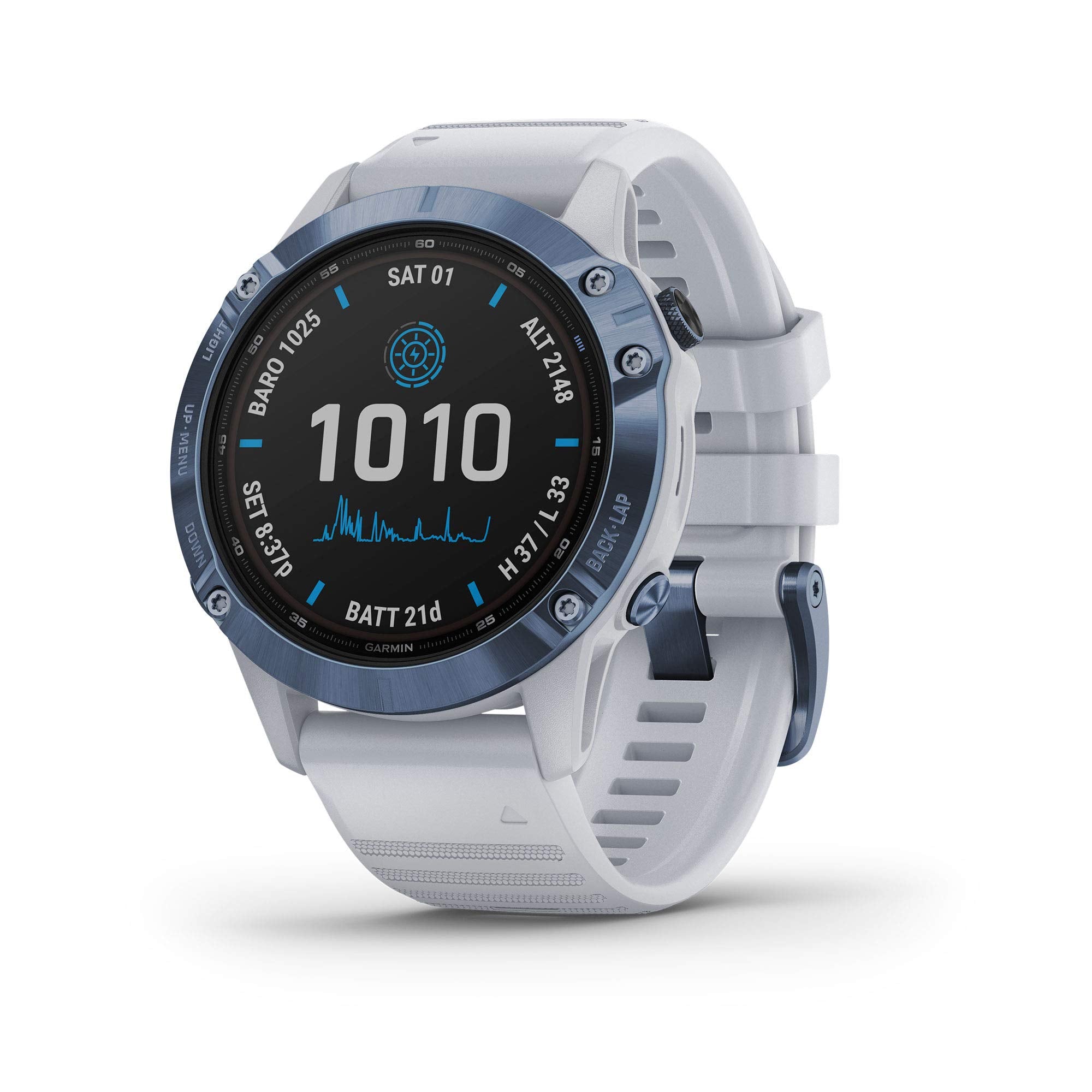 Garmin Fenix 6 Pro Solar ? 47mm Titanium ? Mineral Blue Case with Whitestone Band ? 010-02410-18