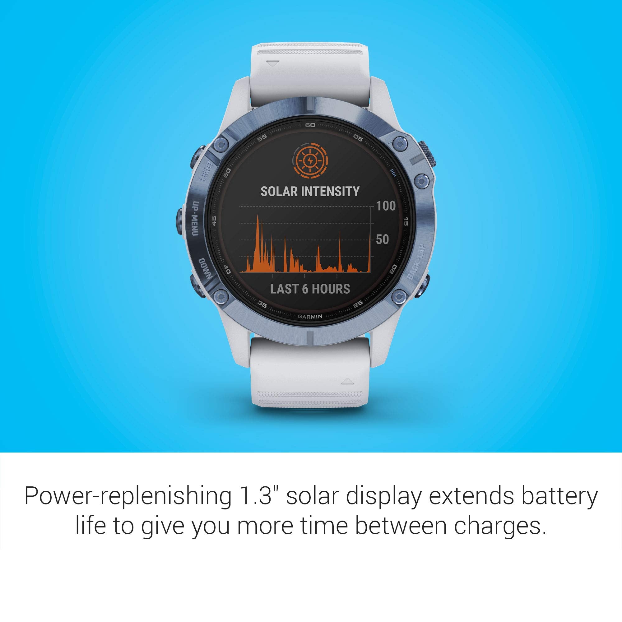 Garmin Fenix 6 Pro Solar ? 47mm Titanium ? Mineral Blue Case with Whitestone Band ? 010-02410-18