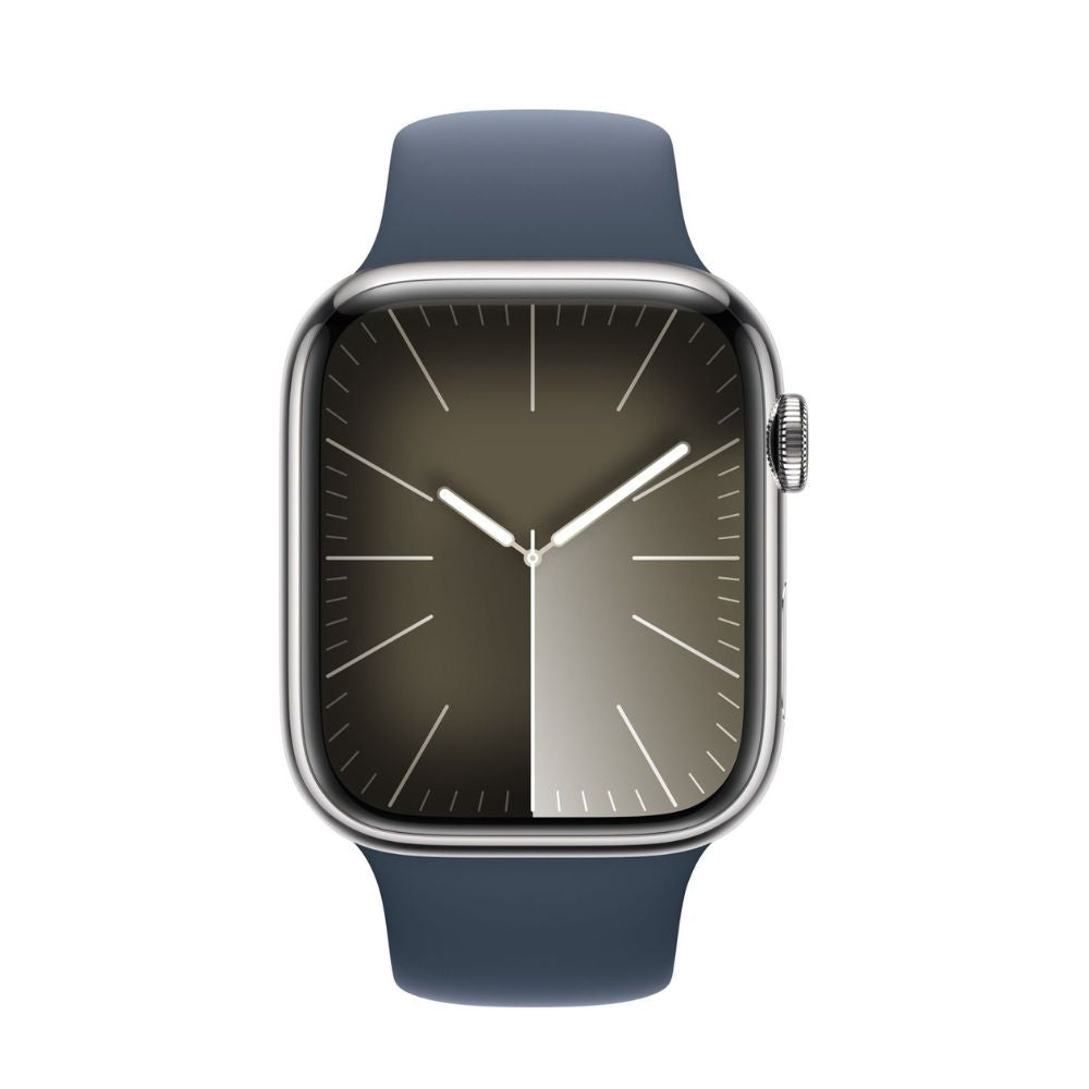 Apple Watch Series 9 GPS + Cellular 45mm Silver Stainless Steel Case, Storm Blue Sport Band - MRMN3LL/A