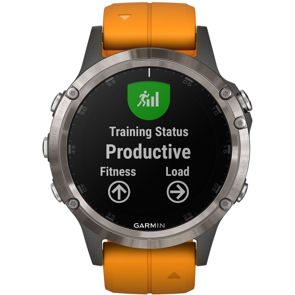 Garmin fenix 5 Plus - Multisport GPS Smartwatch, Topo Maps, Heart Rate, Music, Payment, Titanium/Orange Band - 010-01988-04