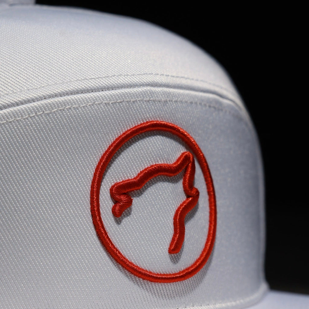 Flat Bill Snapback Hat Arctic White W/ Blood Orange Accents