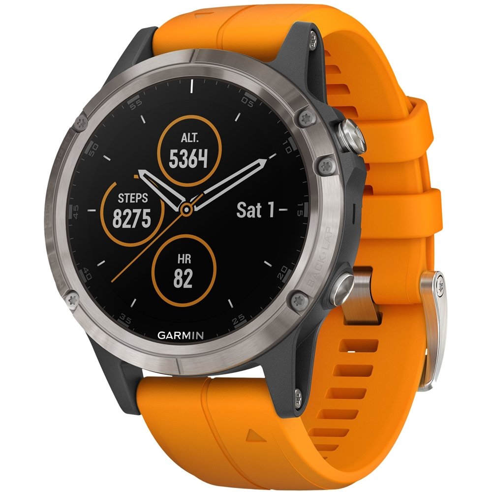 Garmin fenix 5 Plus - Multisport GPS Smartwatch, Topo Maps, Heart Rate, Music, Payment, Titanium/Orange Band - 010-01988-04