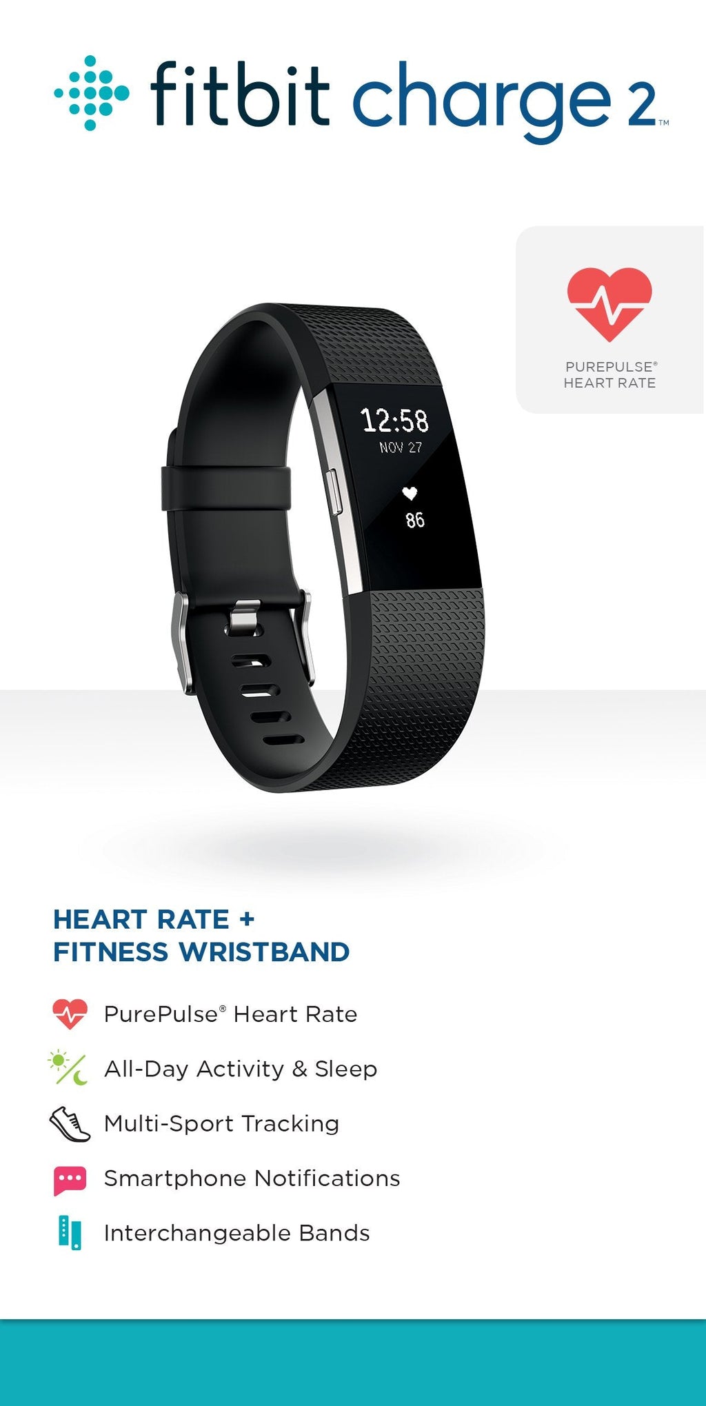Fitbit Charge 2 Heart Rate + Fitness Wristband, Special Edition, Gunmetal (Black), Large - FB407GMBKL