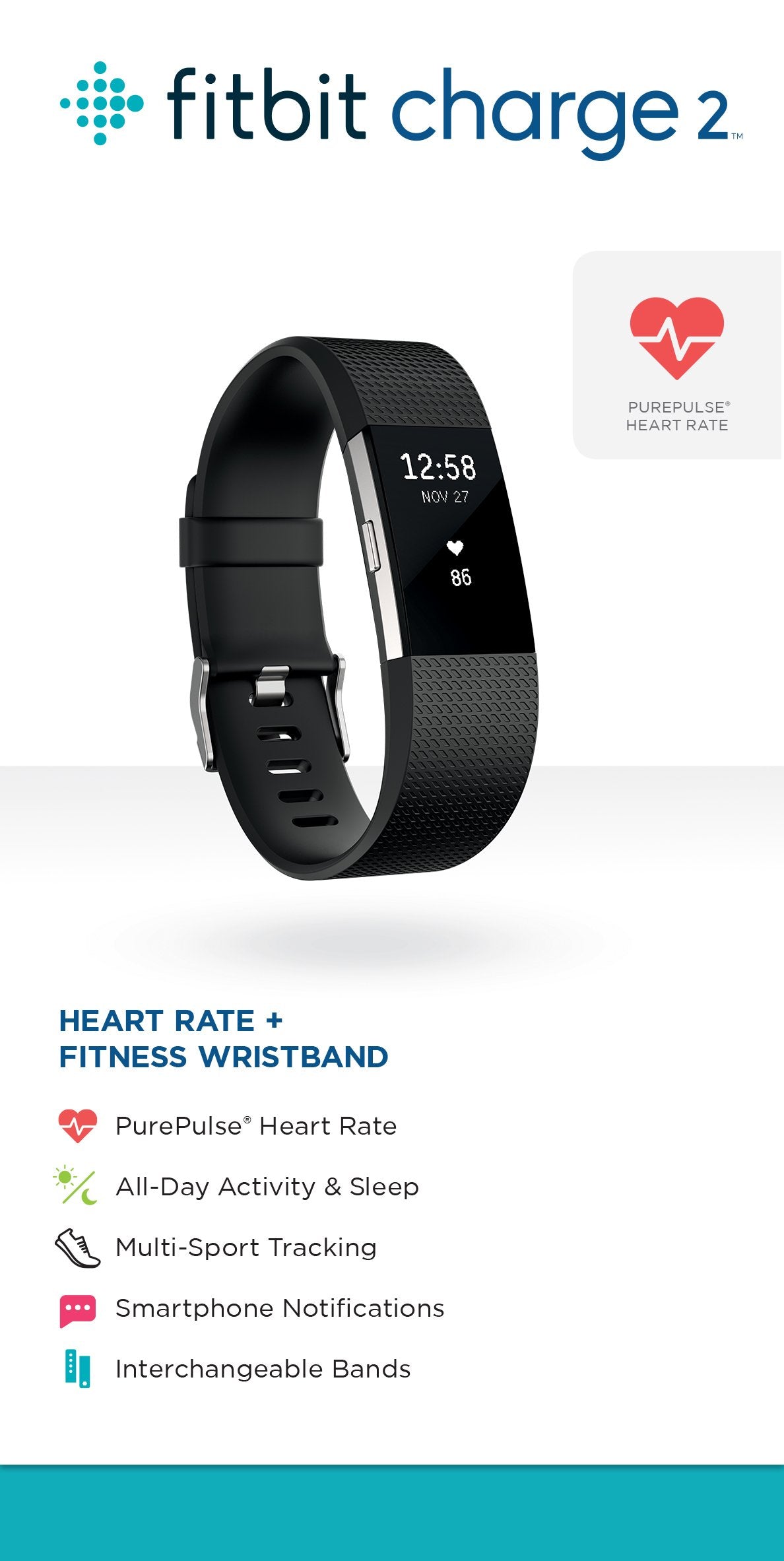 Fitbit Charge 2 Heart Rate + Fitness Wristband, Special Edition, Gunmetal (Black), Large - FB407GMBKL